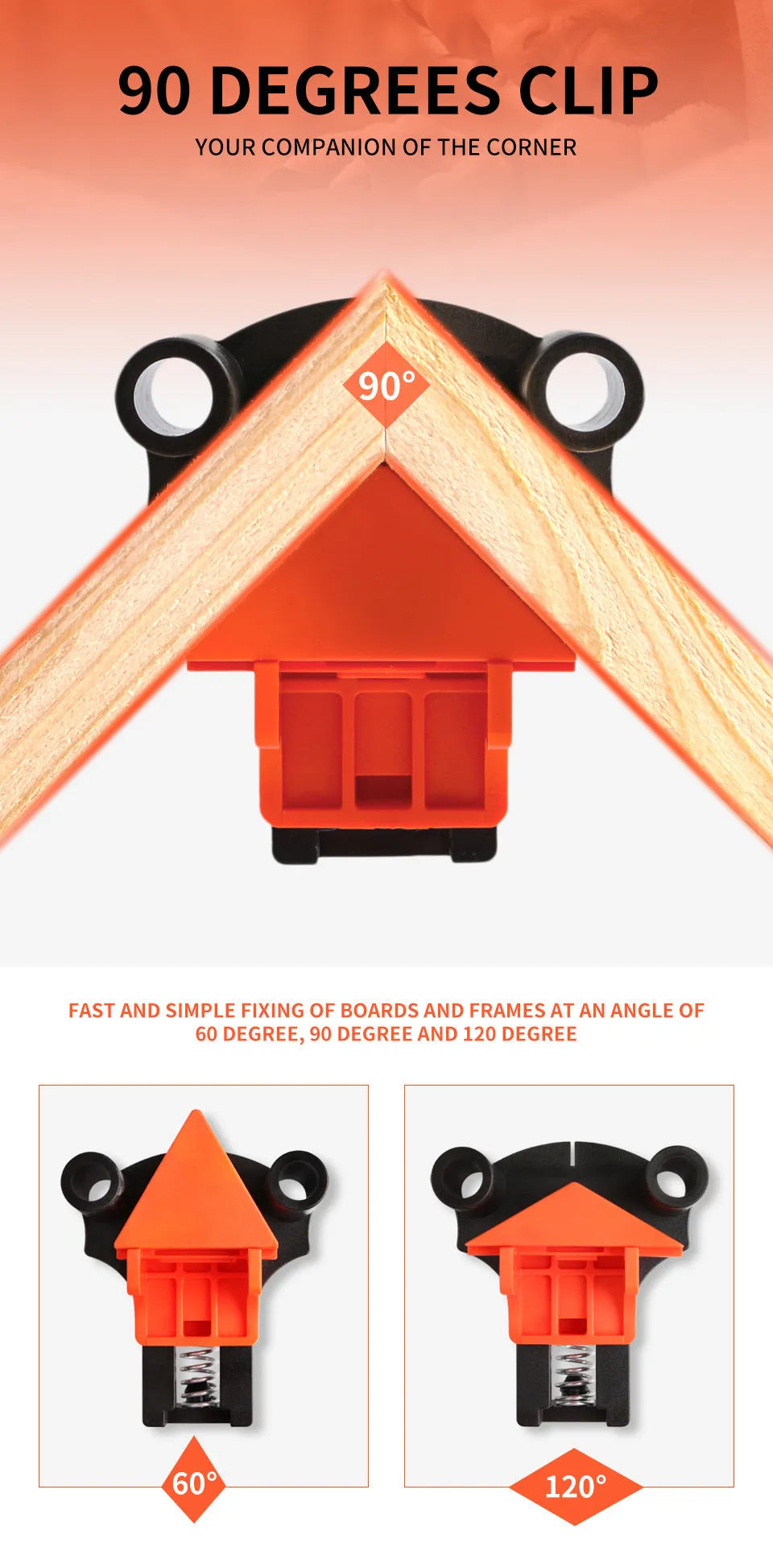 Set of four white plastic 90-degree right-angle clamps for picture frames on a workbench.
