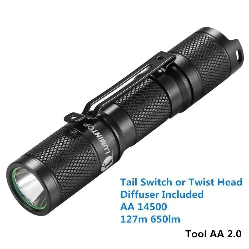 Black Lumintop Tool AA 2.0 compact aluminium flashlight with keychain and magnetic tail cap.