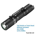 Black Lumintop Tool AA 2.0 compact aluminium flashlight with keychain and magnetic tail cap.