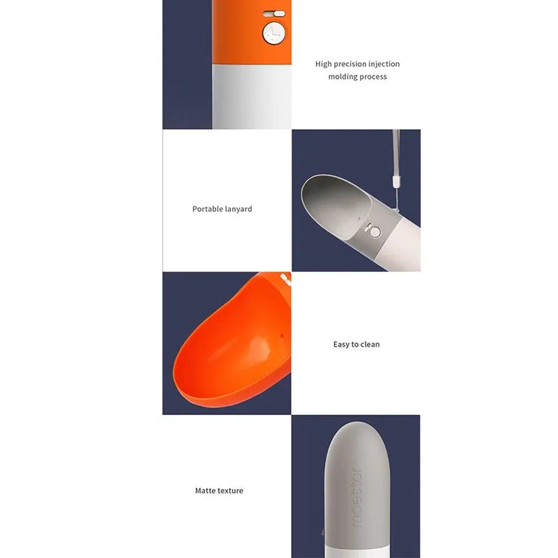 MOESTAR white and grey rocket-shaped pet drinking cup with a black drinking nozzle and lock button.