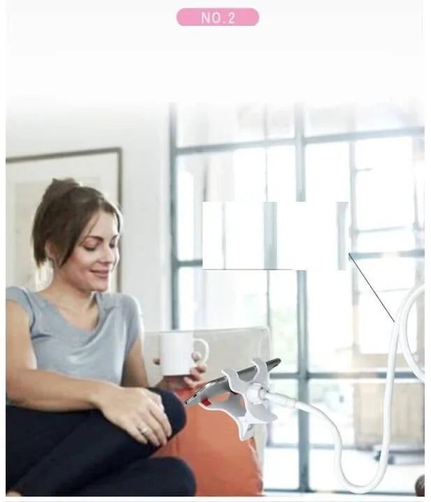 Lazy mobile phone bracket with spiral clip base and bendable alloy pipe in blue or pink, 80cm to 138cm