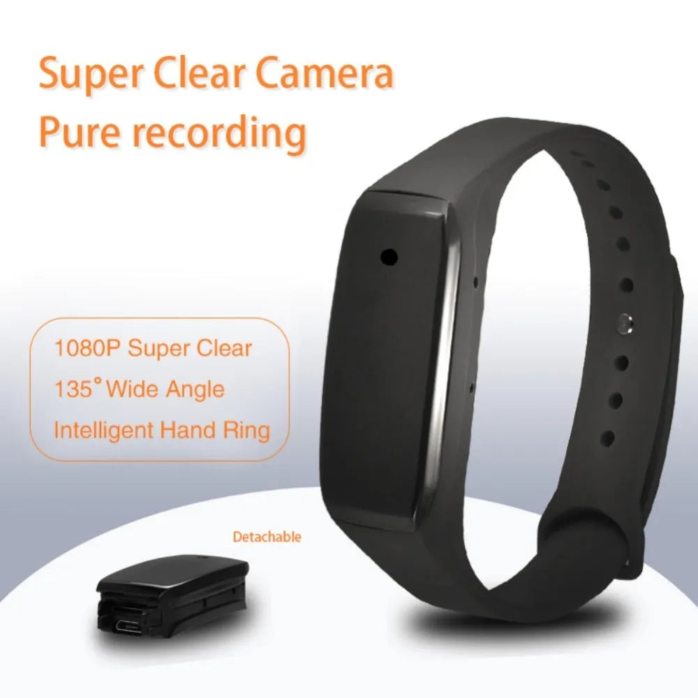 Black EDAL K18 smart wristband camera on a wrist, showing compact dial and silicone strap.