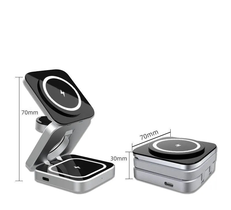 Folding three-in-one desktop wireless charging bracket with magnetic ring on a desk.