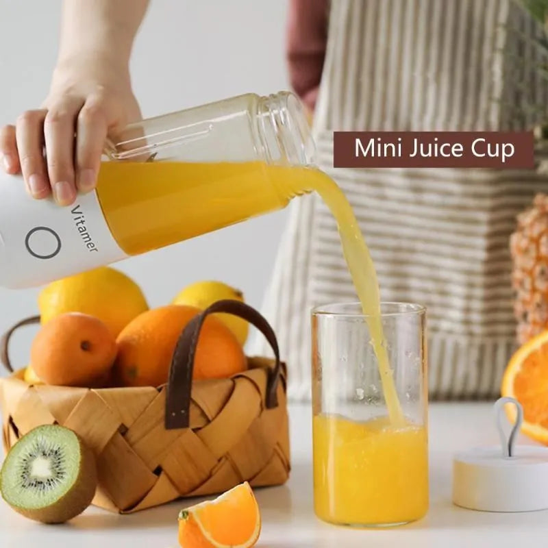 White USB rechargeable portable blender bottle with silicone carry ring, 350ml capacity.