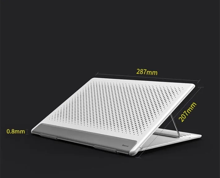 Black alloy portable notebook stand for laptops under 16 inches on a desk.