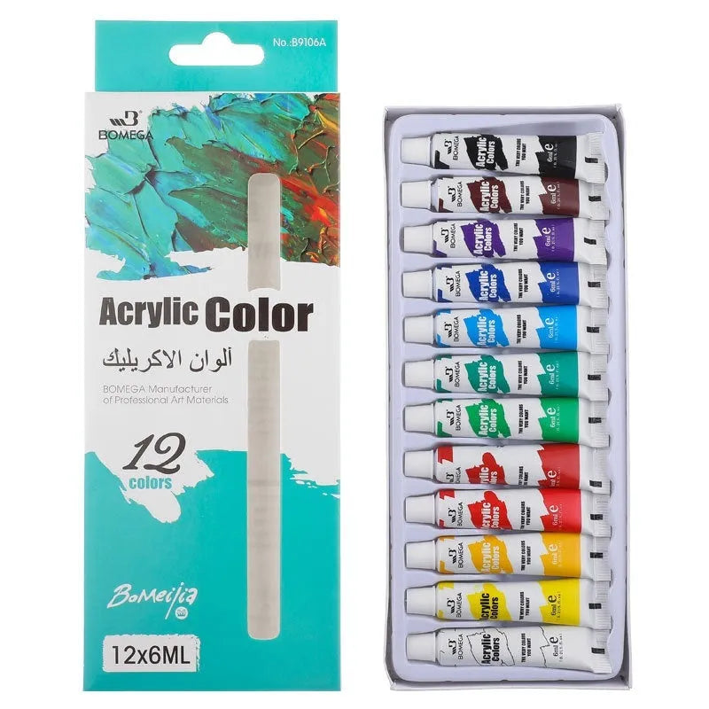Set of artist paint tubes in 12 colours for acrylic, gouache, watercolour, oil, glass or textile painting