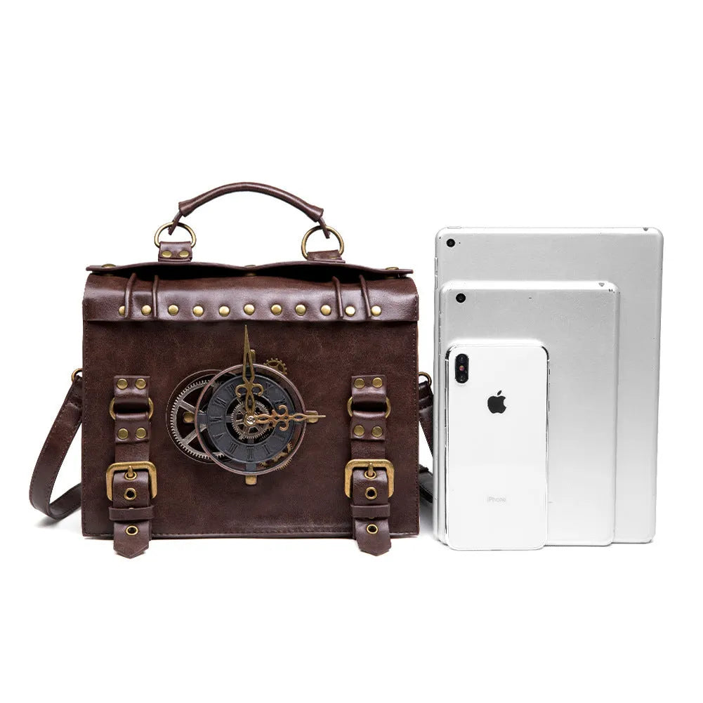 Bronze steampunk industrial retro style shoulder bag with metal hardware on a horizontal square pillow shape