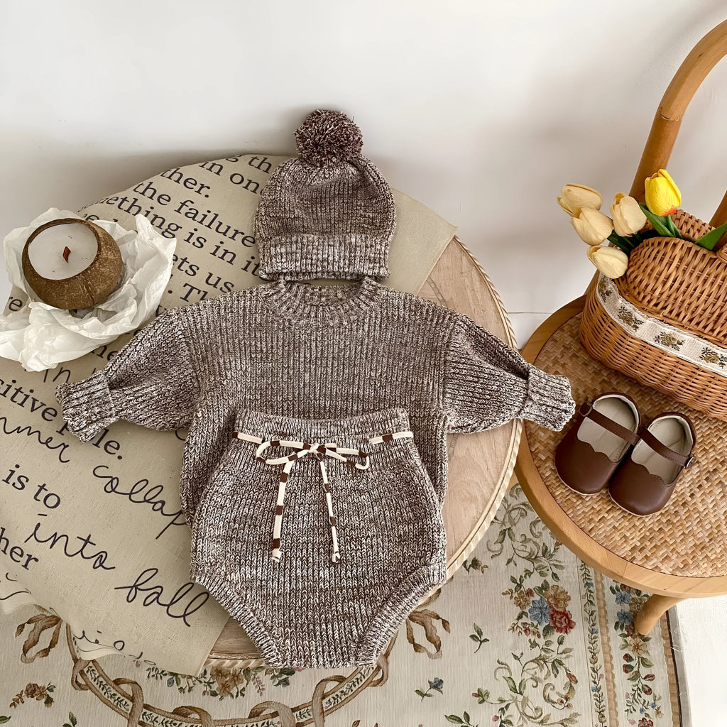 Dark brown baby girl knitted pullover set with matching shorts and fur-ball hat