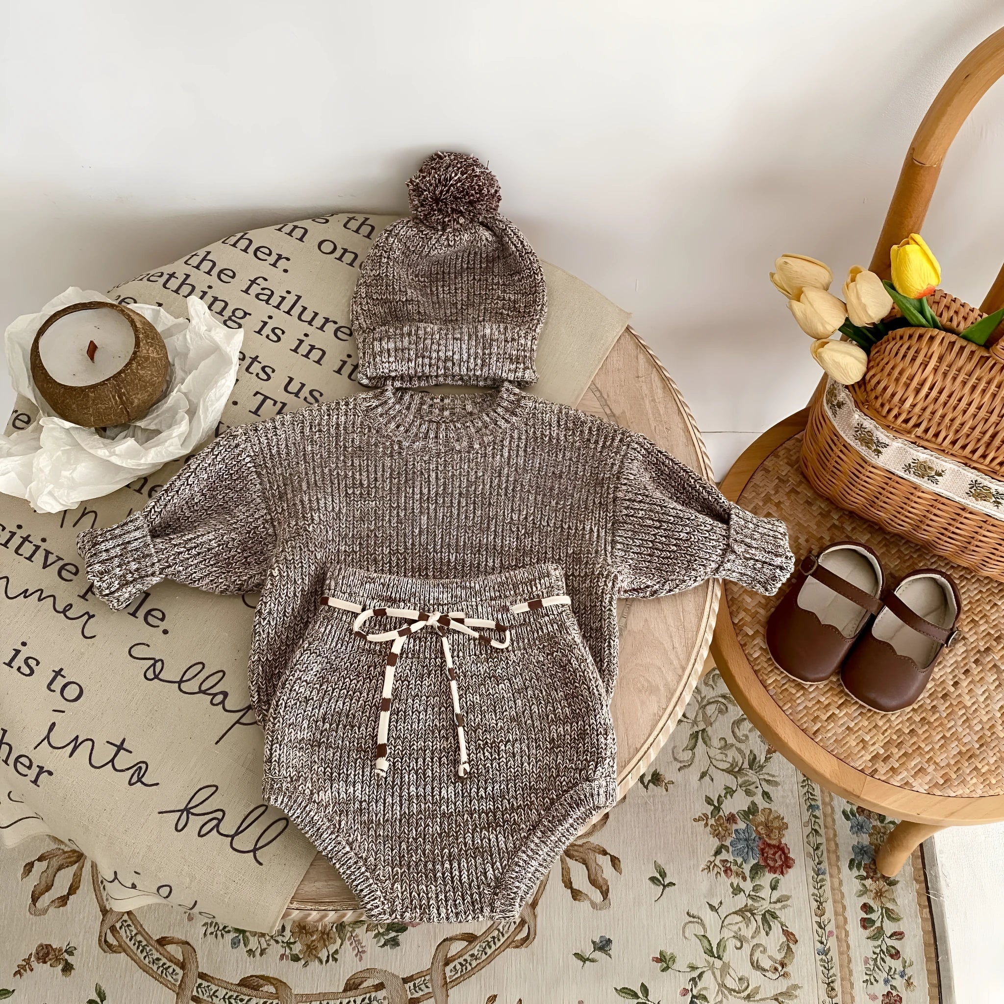 Dark brown baby girl knitted pullover set with matching shorts and fur-ball hat