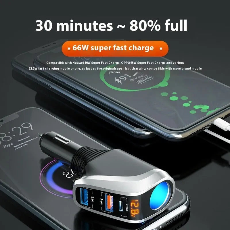 Quick charging car cigarette lighter with one to three conversion plug, wireless pad, and USB output in silver