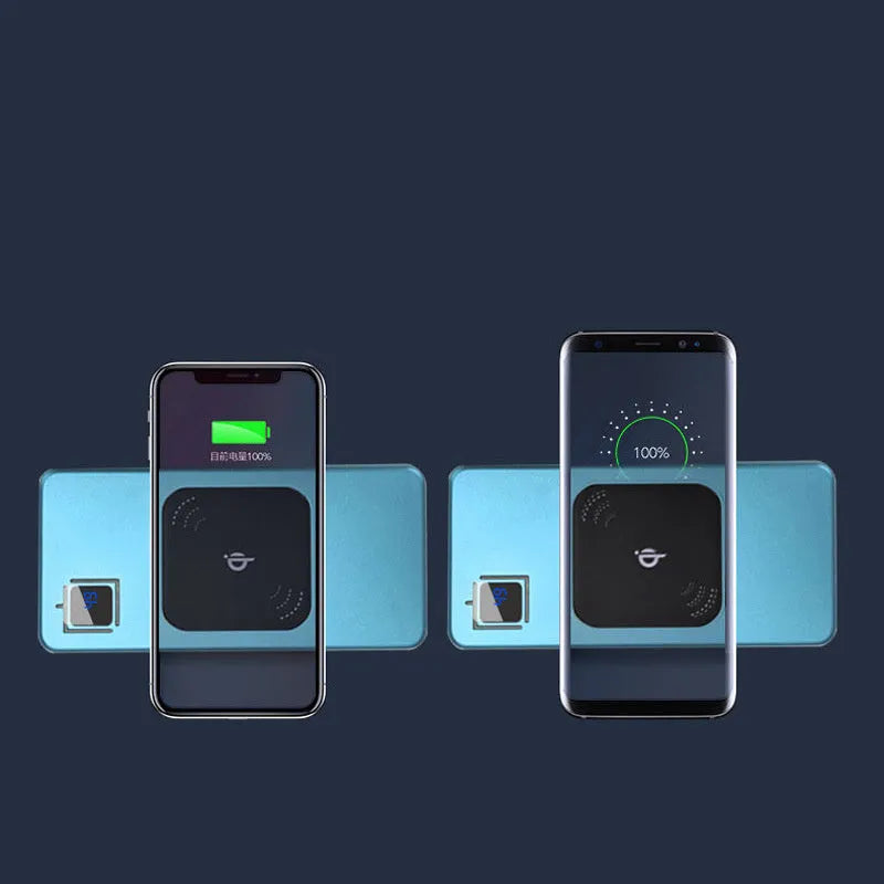 Silver alloy portable power bank with LCD display showing battery level.