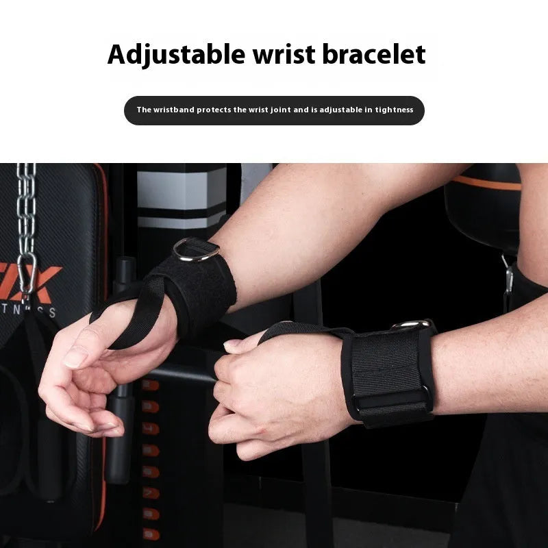 Fitness chest expander elastic belt with colour-coded sleeves indicating 100lb to 300lb resistance.