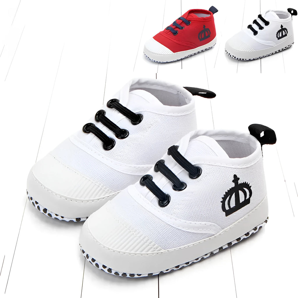 Red and white canvas toddler shoes with elastic band closure in three size options