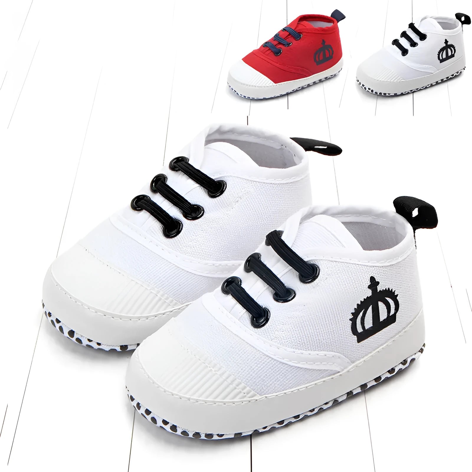 Red and white canvas toddler shoes with elastic band closure in three size options