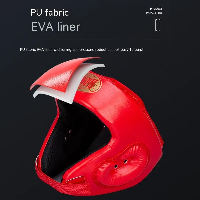 Red fully enclosed boxing helmet with jaw protection on a white background.