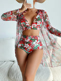 Women's printed bikini three-piece swimsuit set with colourful pattern and matching sunscreen shirt