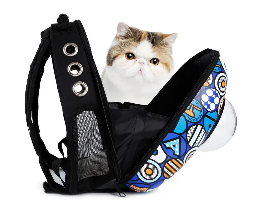 Pet space capsule carrier backpack with transparent PC window and Oxford fabric, available in 6 hole silver bear design