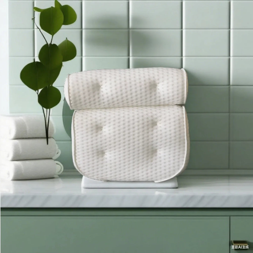 White luxury bathtub pillow with suction cups on a 4D mesh fabric surface.