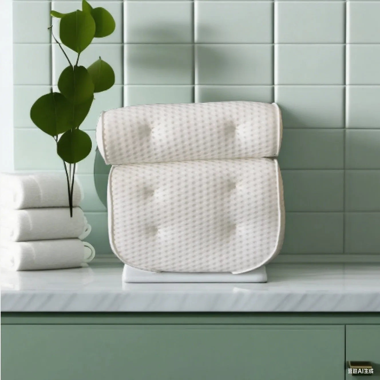 White luxury bathtub pillow with suction cups on a 4D mesh fabric surface.