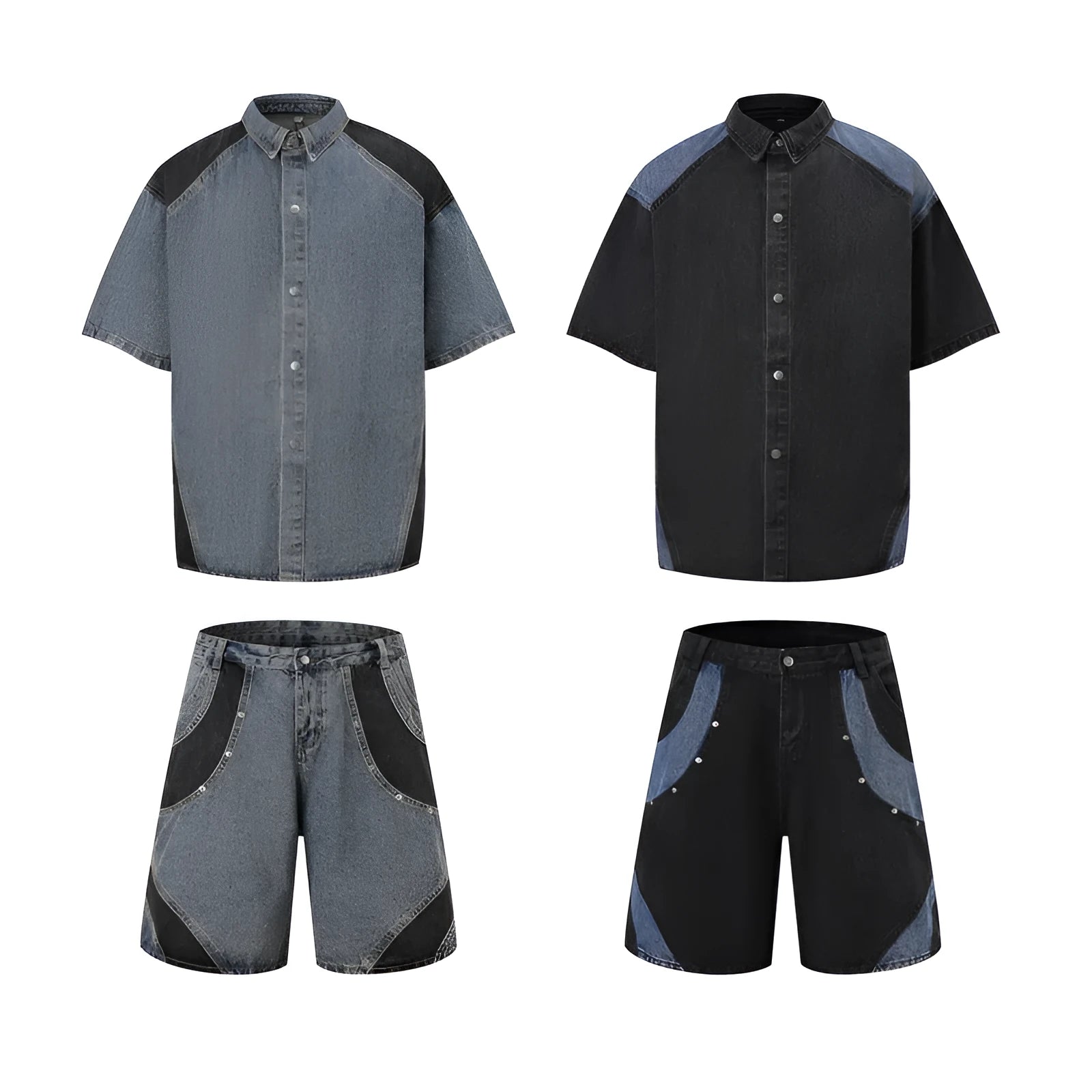 Retro washed denim suit set with short-sleeved jacket and trousers in black or blue street style