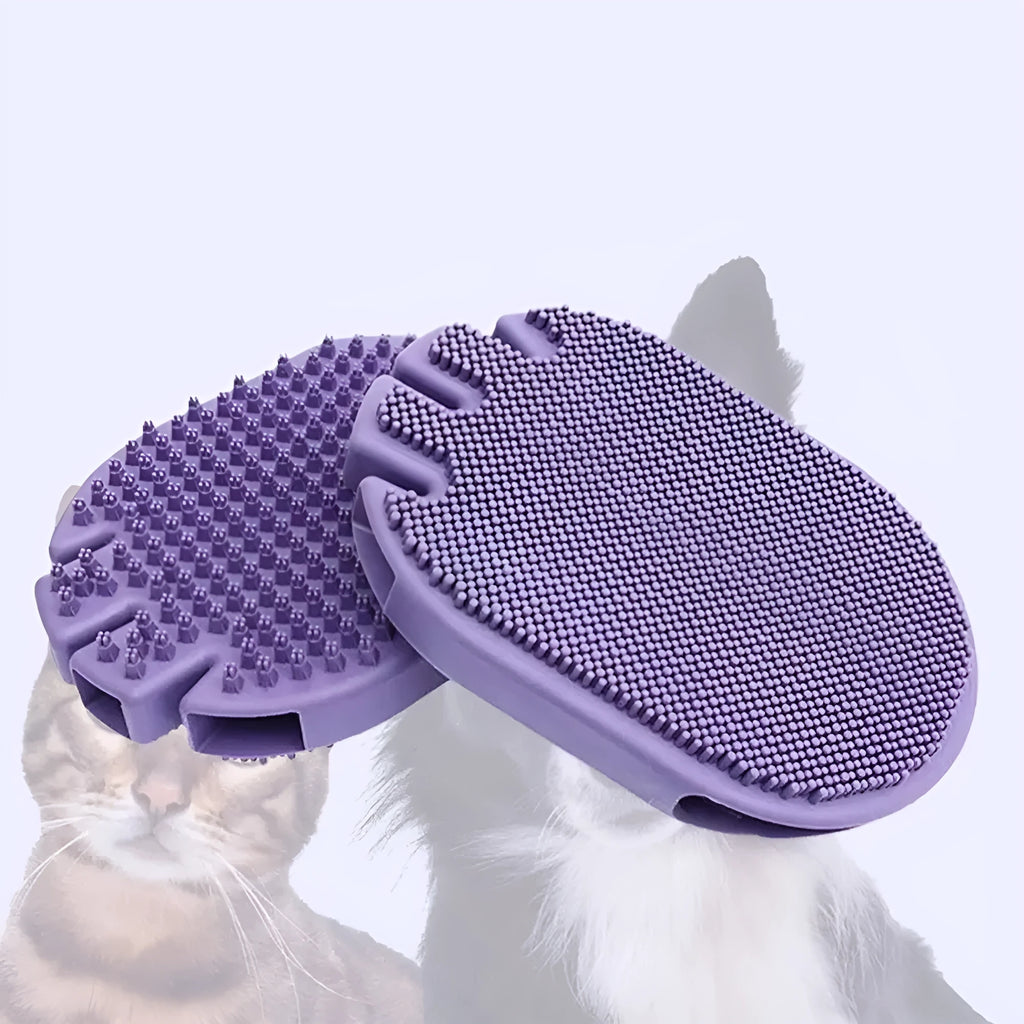Purple dual-sided pet massage shampoo brush with soft TPR bristles and ergonomic handle