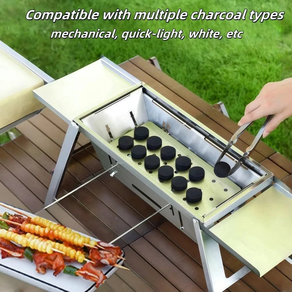 Small portable charcoal barbecue with foldable legs in a compact, folded position