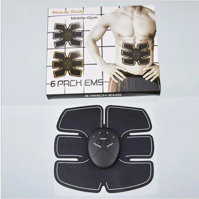 Black EMS muscle stimulator device with electrode pads for abdominal toning and slimming