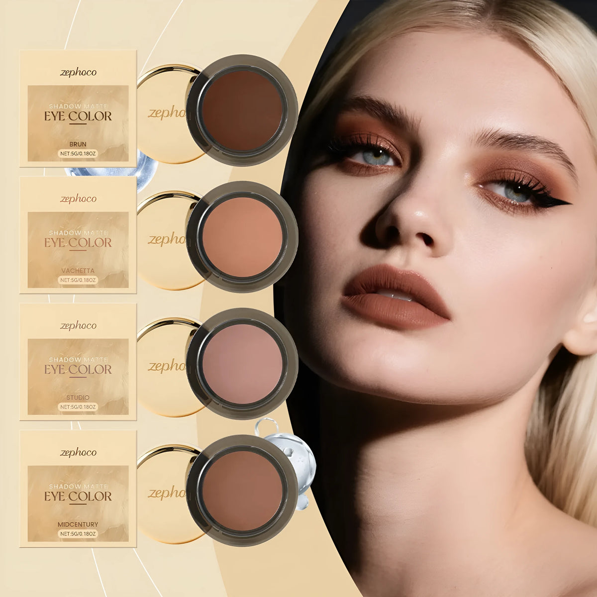 Single pan long-wear eye shadow in pressed powder format with candelilla wax, plant squalane and vitamin E, four styles