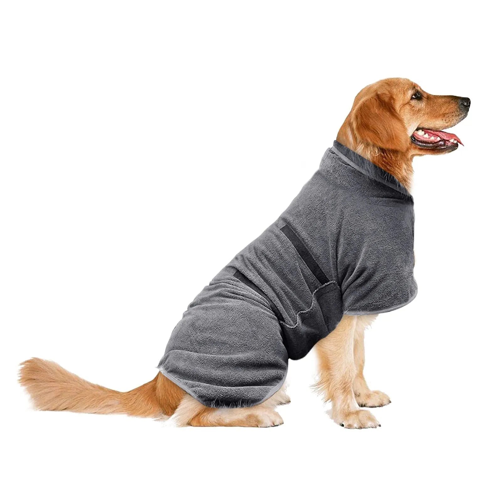 Nylon dog robe cat bath towel in grey with orange edge trim, available in five sizes from XS to XL