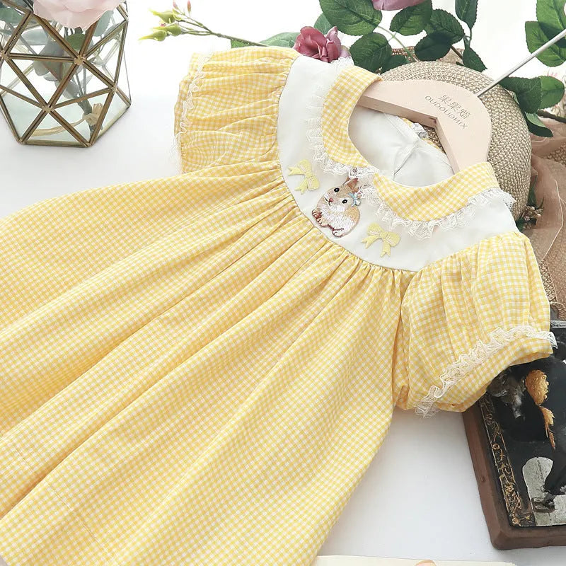 Girls yellow cotton dress with retro plaid embroidery for height 90-130cm