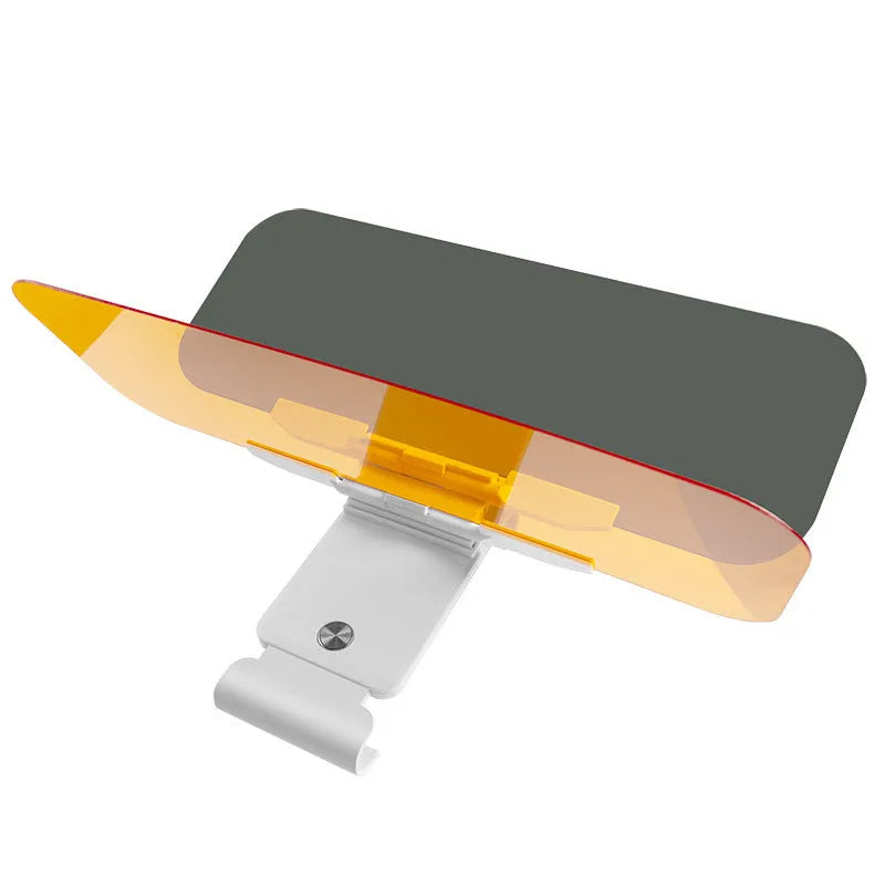 Car anti-glare sun visor with acrylic lens showing adjustable stretch, button, and spring installation options