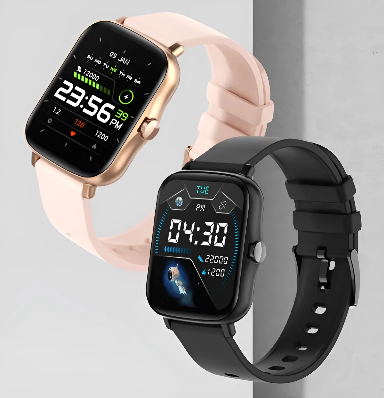 Smart watch with blue strap and 1.7-inch colour touch screen displaying time and heart rate