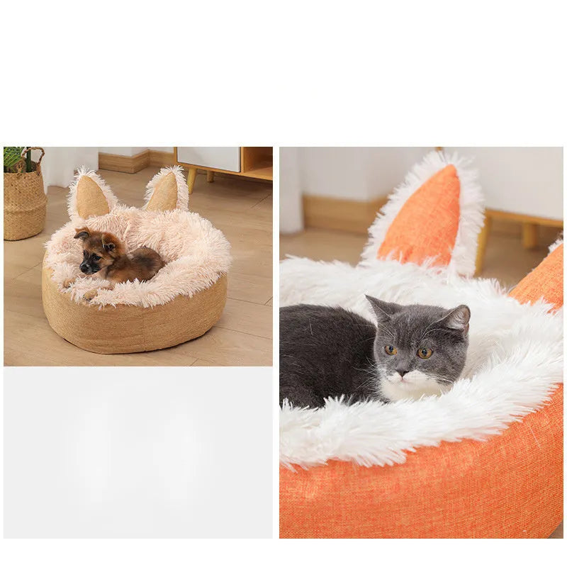 Blue plush faux fur circular cat bed with raised sides on a wooden floor