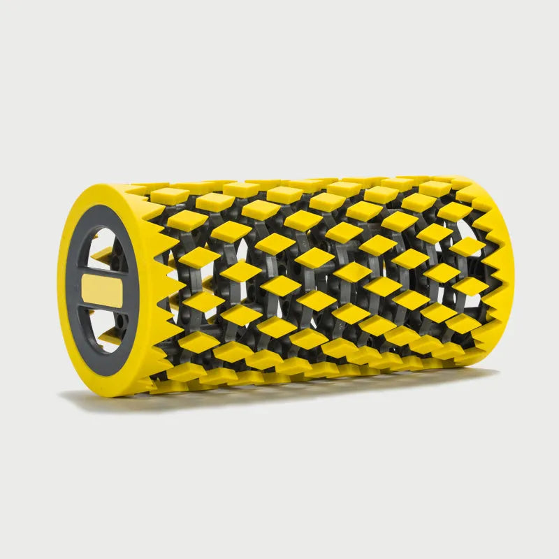 Blue and yellow manual massage equipment for fascia relaxation, used for muscle recovery.