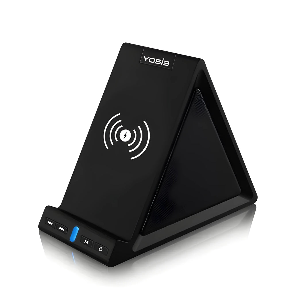 Black multifunctional Bluetooth speaker with integrated wireless charging power bank and mobile phone stand.