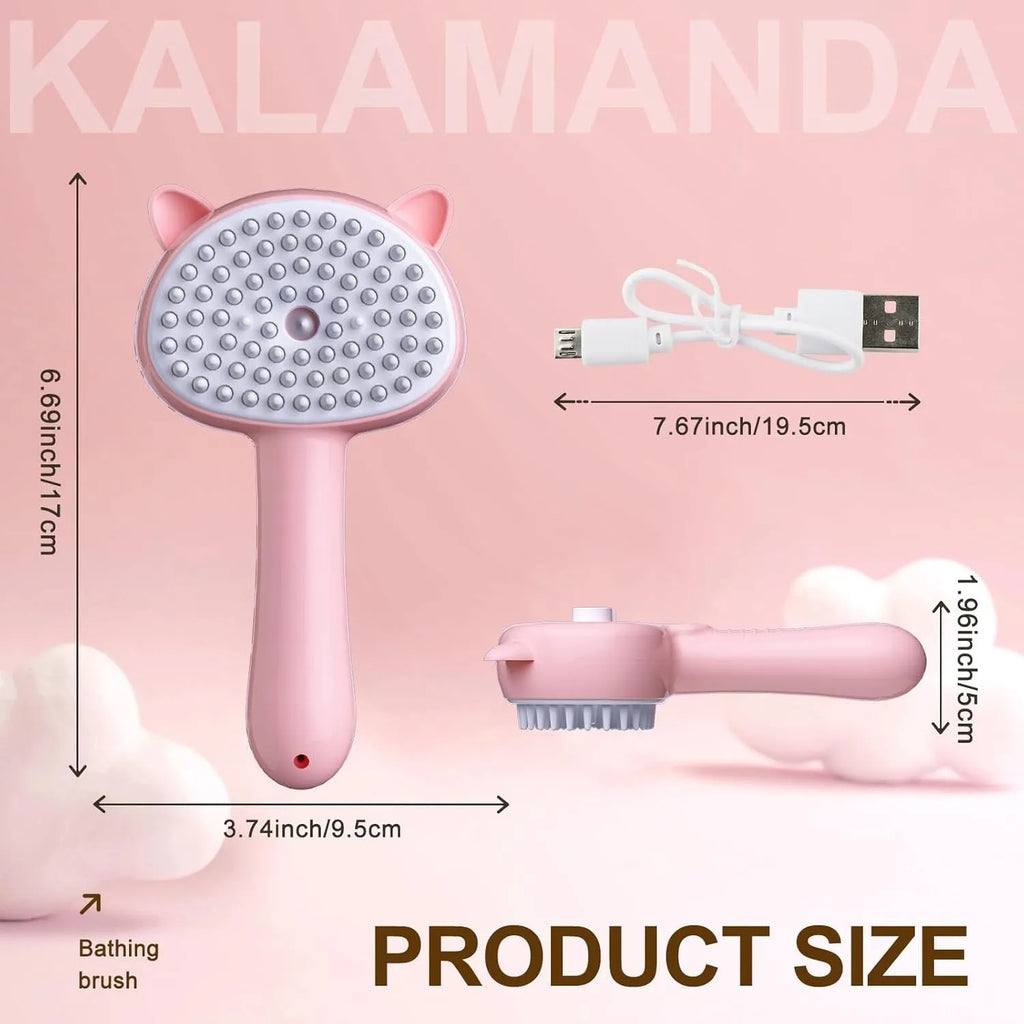 Cat ear-shaped steam brush with soft rubber bristles and release button for pet grooming