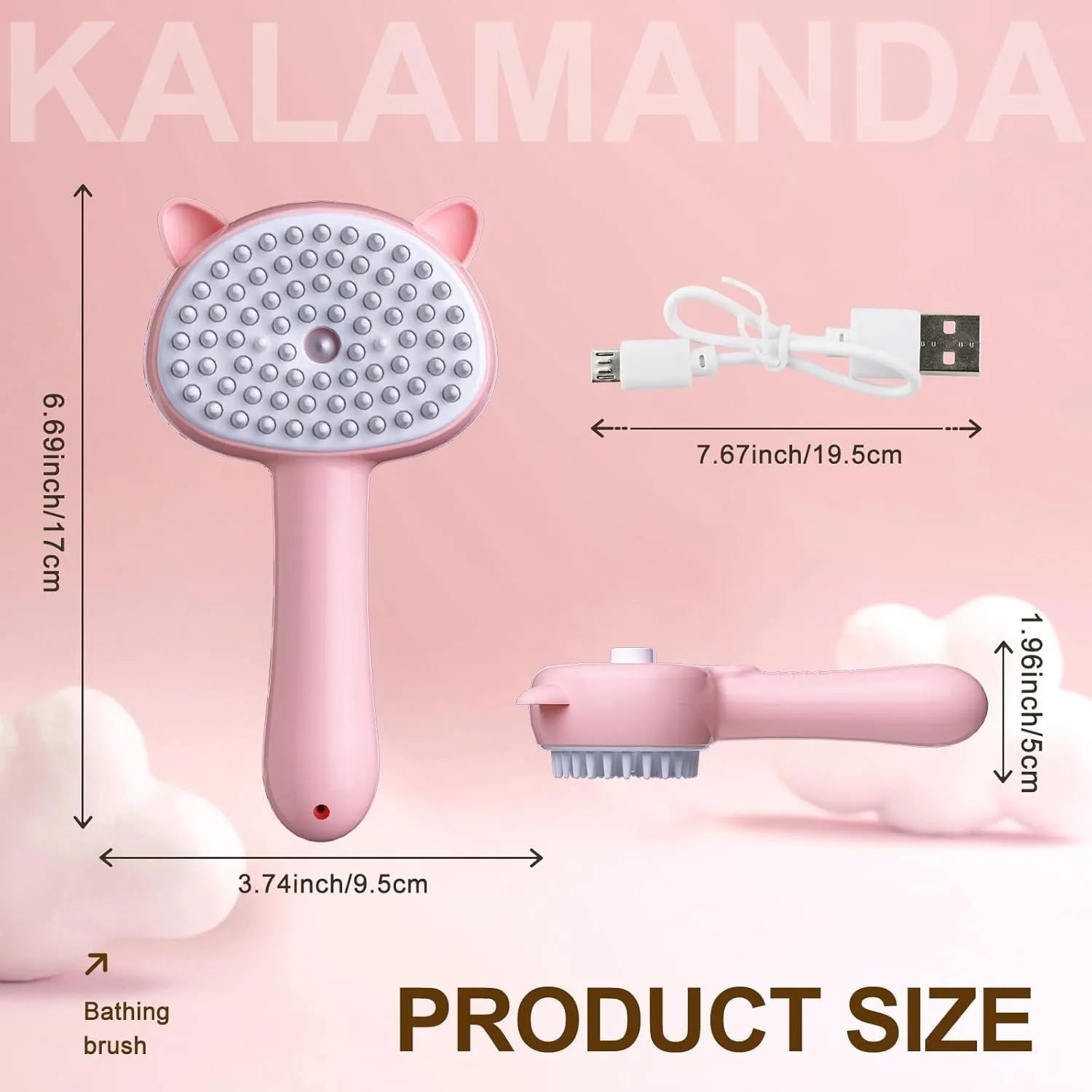 Cat ear-shaped steam brush with soft rubber bristles and release button for pet grooming