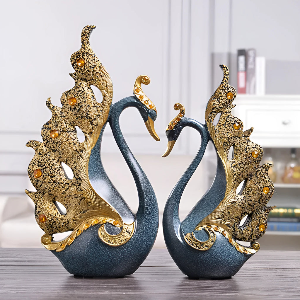 Resin couple swan decoration figurine set large 16x8x29cm small 14x6x24cm blue and gold