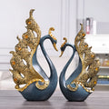 Resin couple swan decoration figurine set large 16x8x29cm small 14x6x24cm blue and gold