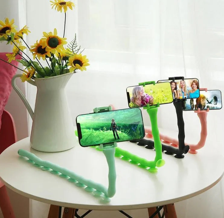 Black flexible mobile phone holder with 62cm gooseneck arm extended from suction cup base