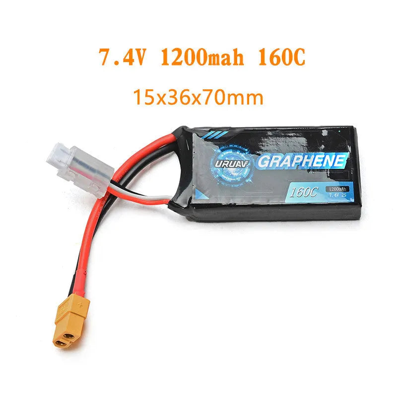 7.4V 1200mAh lithium battery for RC cars and boats measuring 15x36x70mm