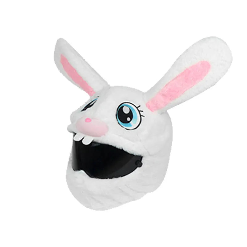 White decorative rabbit head cover for an electric motorcycle helmet with long ears and plush lining.