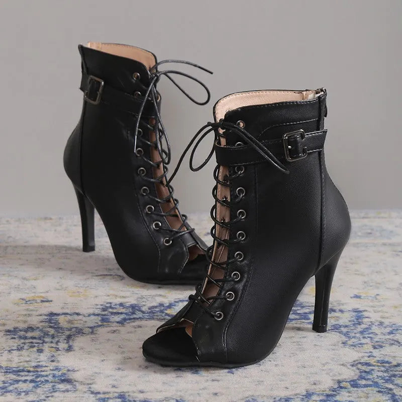 Women's black PU peep toe high heel pumps with lace-up buckle and back zipper