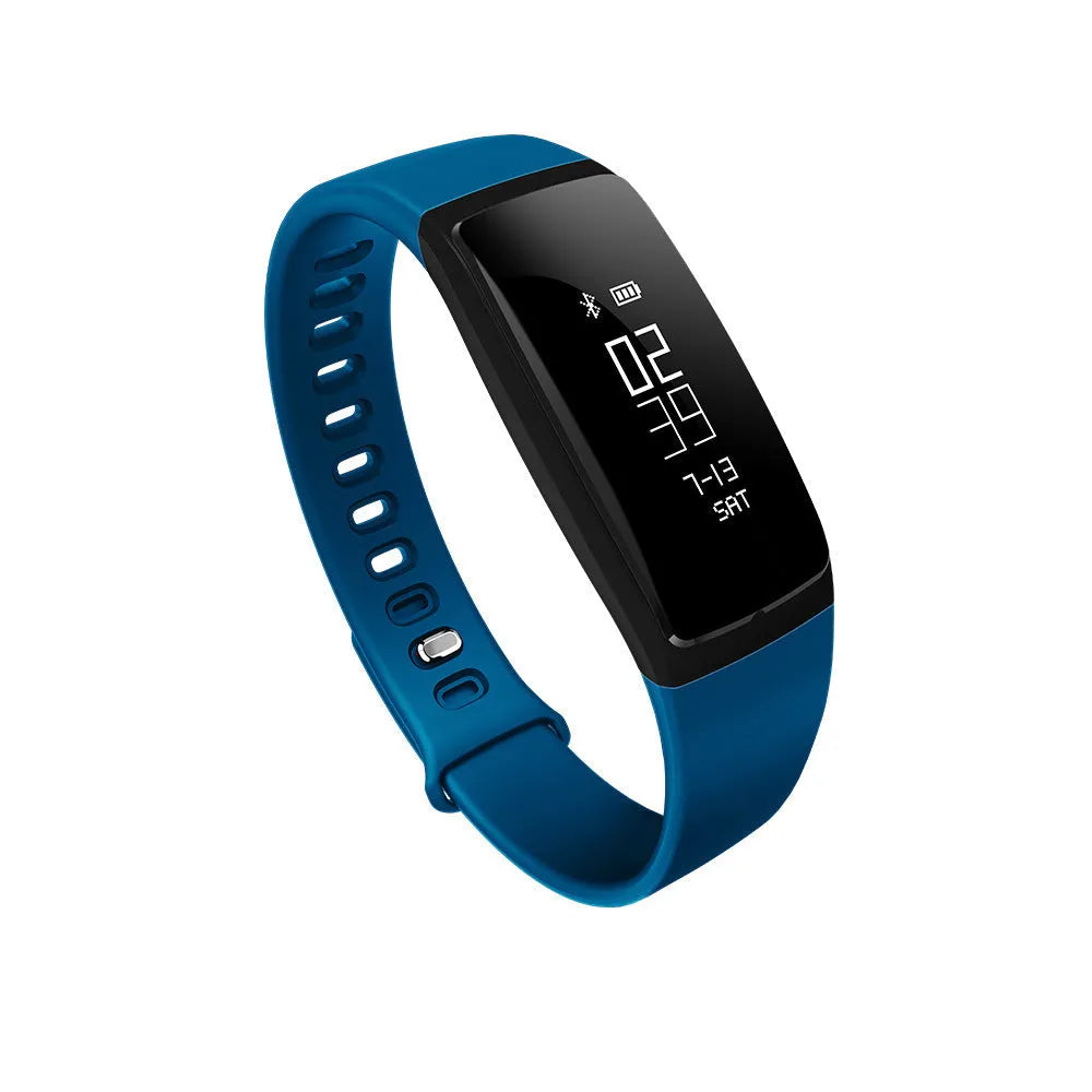 Smart band fitness tracker with OLED screen and black band on a white background