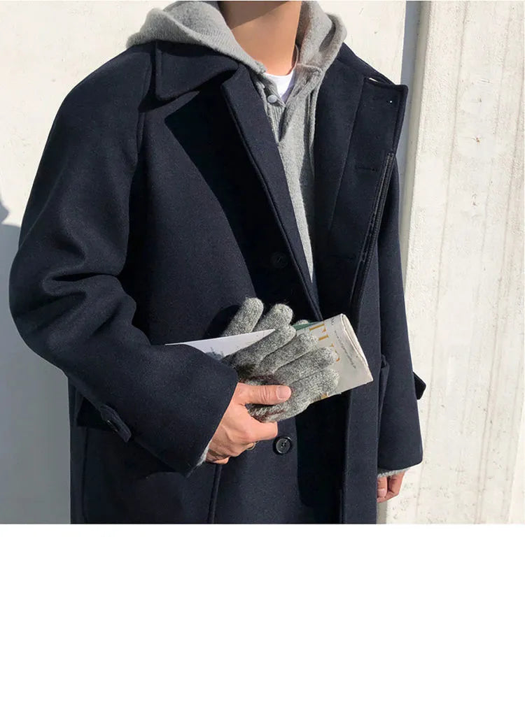Plus size women wearing a British style blue wool look trench coat with slim fit