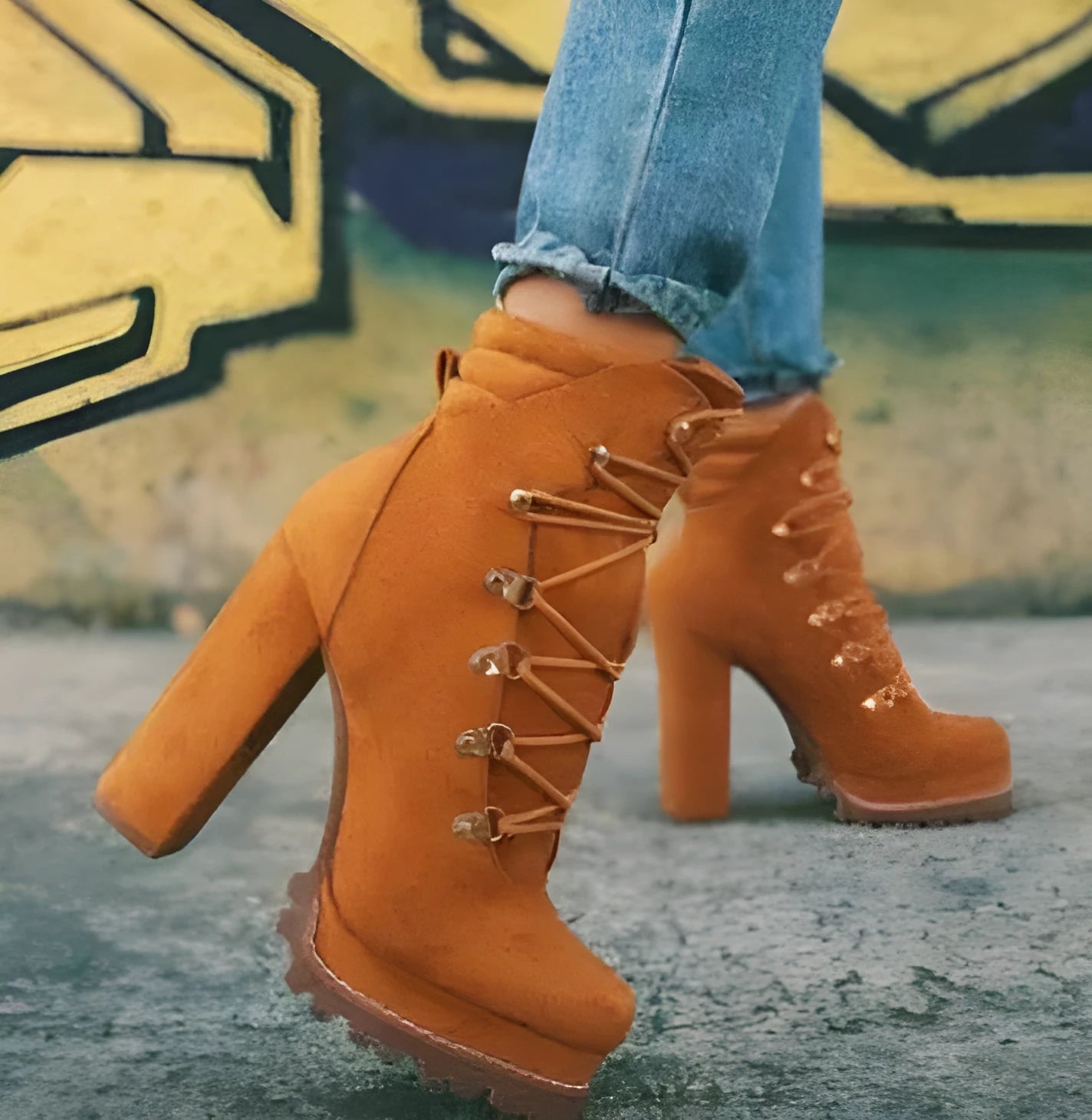 Women's suede high heel boots in army green colour with thick platform and round toe design