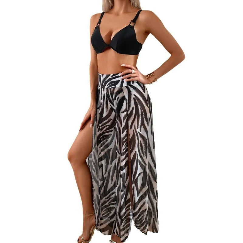 Women's three-piece bikini swimsuit set in quick-drying polyester fabric with various print options