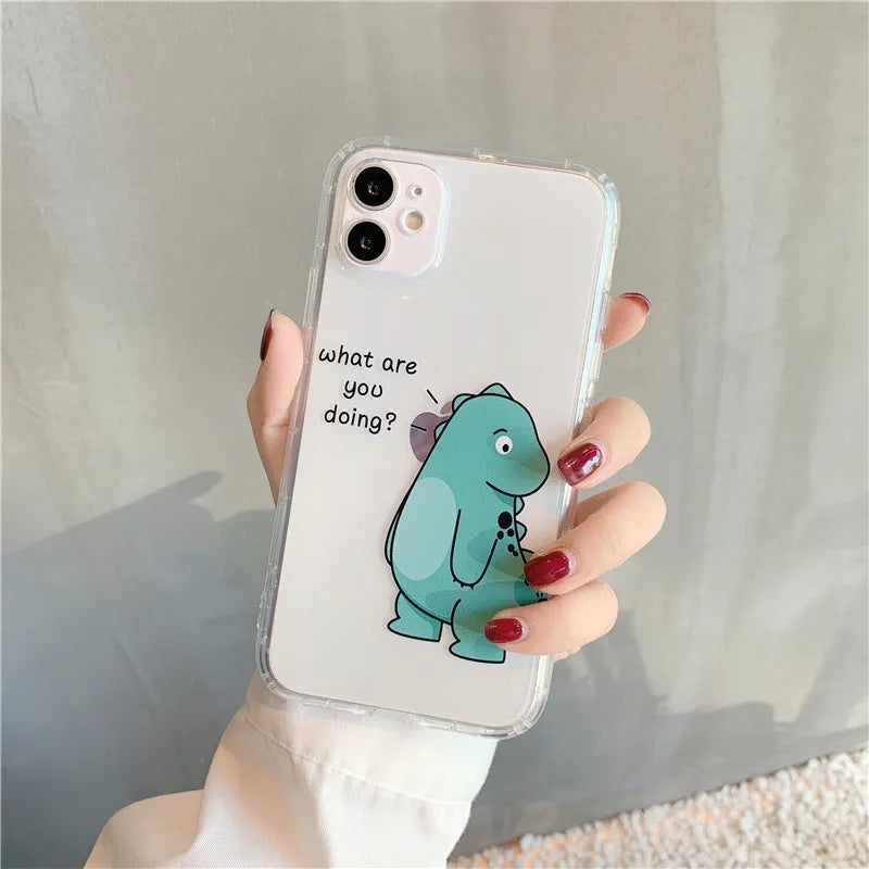 Transparent airbag iPhone case with dinosaur design on clear silicone and TPU back cover