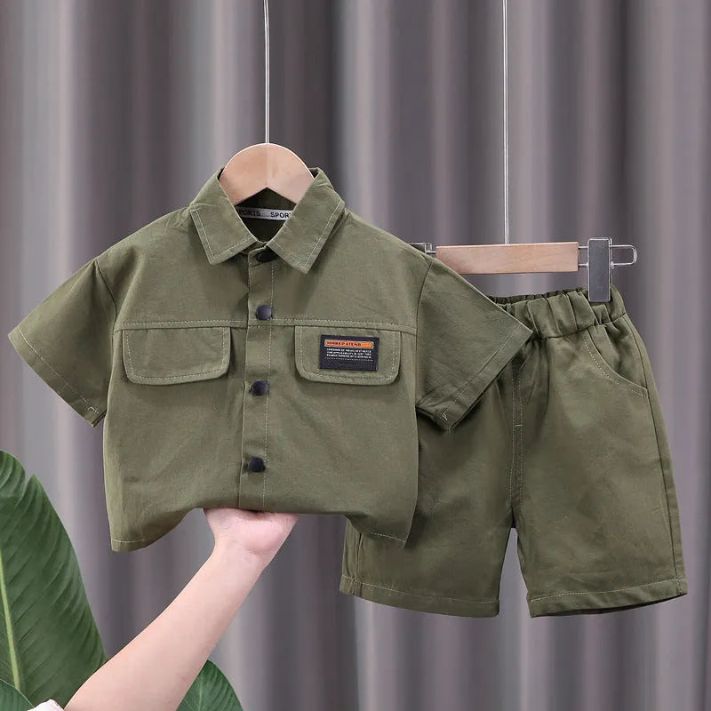Boys cotton short-sleeved shorts suit set in solid colour, available in green beige blue for heights 80-120cm