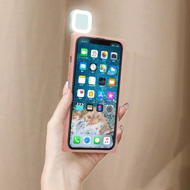 iPhone 13 phone case with built-in ring flash light for selfie photography in pink colour
